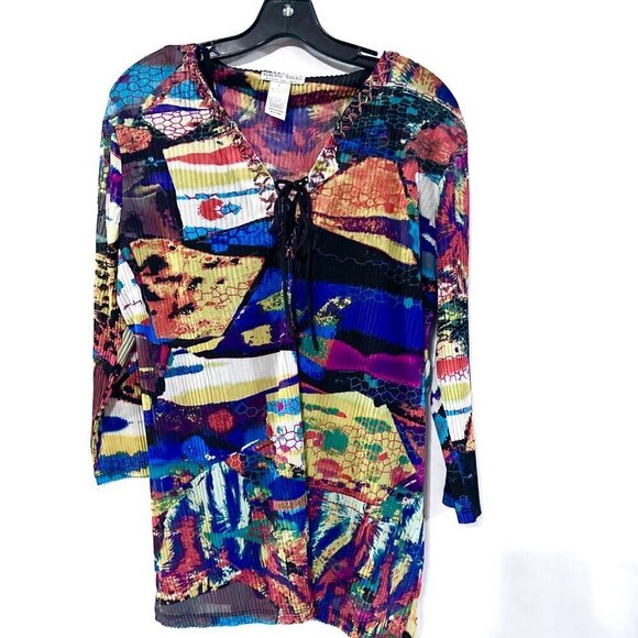 Alberto makali  Set 2 Top Size Large Pop Art Colorful 3/4 sleeve  Mesh See Thru - Picture 1 of 13